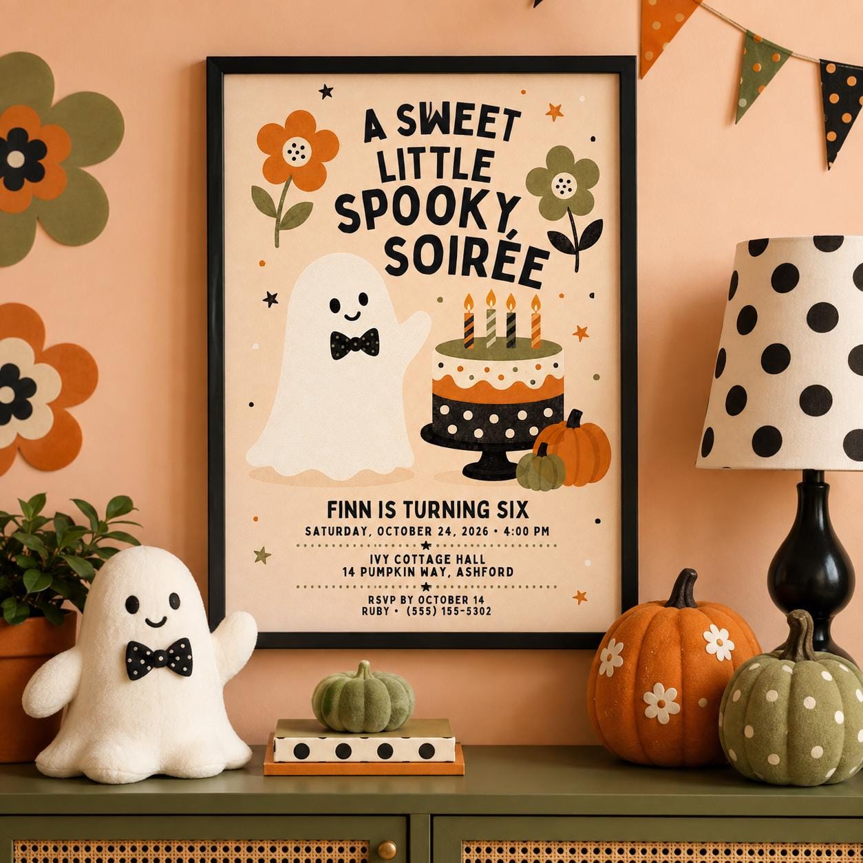Cute Ghost Halloween Birthday Invitation, Spooky Soiree Kids Party Invite, Pumpkin Birthday, Editable Canva Template