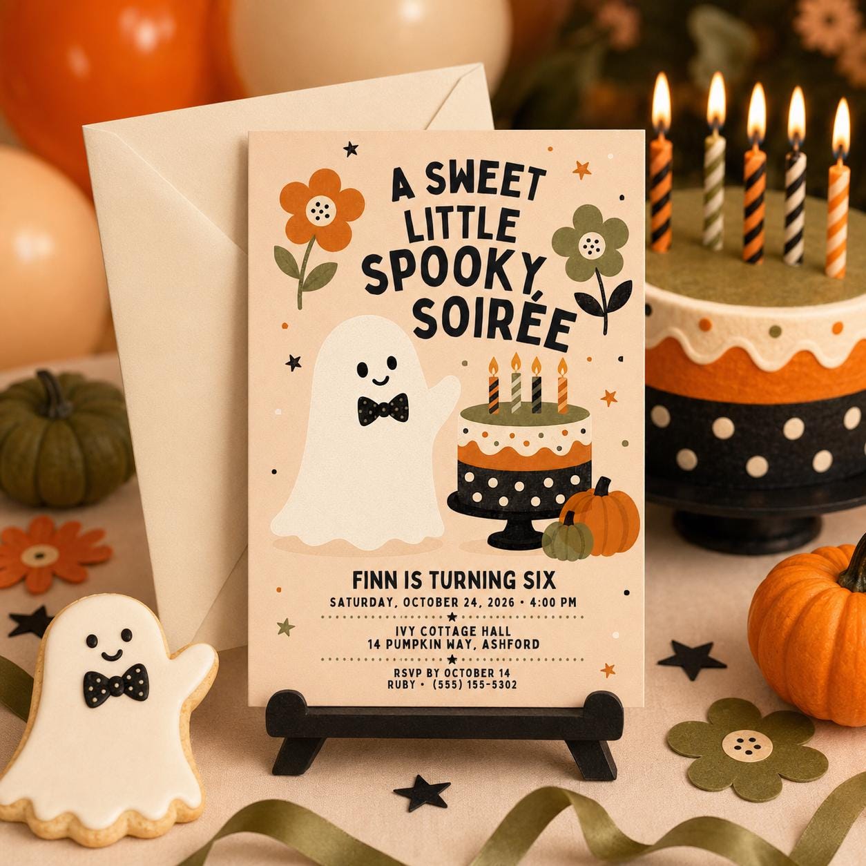 Cute Ghost Halloween Birthday Invitation, Spooky Soiree Kids Party Invite, Pumpkin Birthday, Editable Canva Template