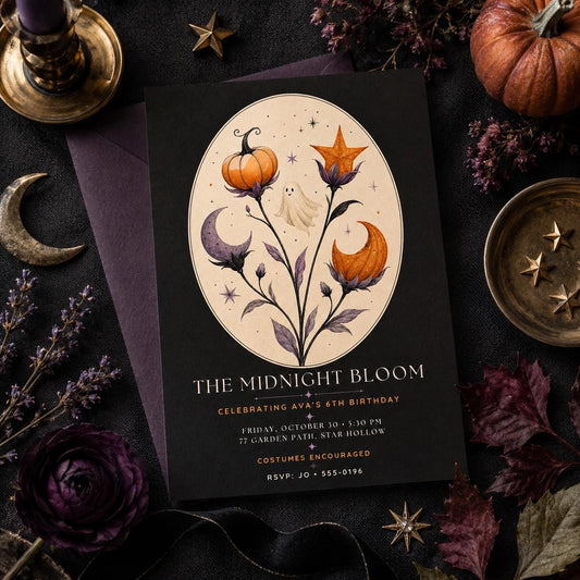Elegant Halloween Birthday Invitation, Midnight Floral Ghost Party Invite, Spooky Pumpkin Birthday, Editable Canva Template