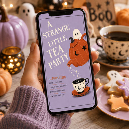 Halloween Tea Party Birthday Invitation, Cute Ghost Pumpkin Tea Party Invite, Spooky Kids Birthday, Editable Canva Template