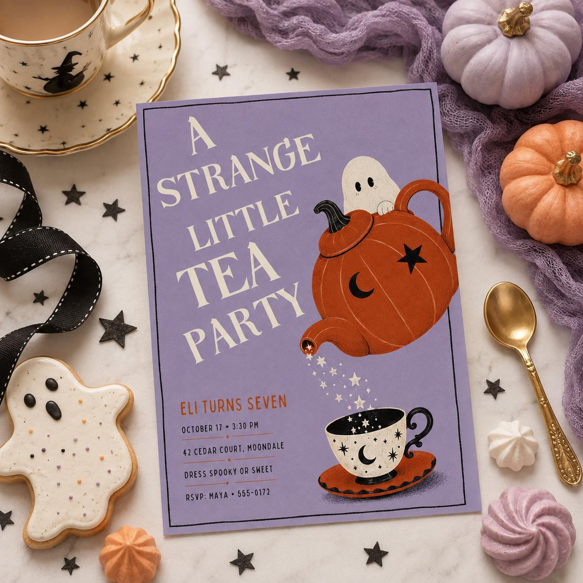 Halloween Tea Party Birthday Invitation, Cute Ghost Pumpkin Tea Party Invite, Spooky Kids Birthday, Editable Canva Template
