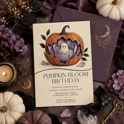 Pumpkin Ghost Birthday Invitation, Floral Halloween Birthday Party Invite, Elegant Spooky Kids Invite, Editable Canva Template