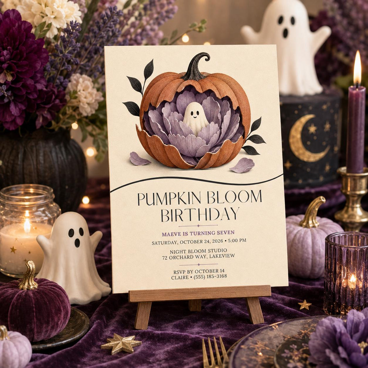 Pumpkin Ghost Birthday Invitation, Floral Halloween Birthday Party Invite, Elegant Spooky Kids Invite, Editable Canva Template