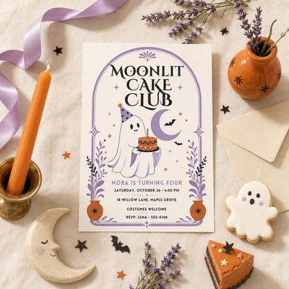 Cute Ghost 4th Birthday Invitation, Moon Halloween Birthday Party Invite, Spooky Cake Kids Party, Editable Canva Template