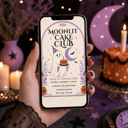 Cute Ghost 4th Birthday Invitation, Moon Halloween Birthday Party Invite, Spooky Cake Kids Party, Editable Canva Template