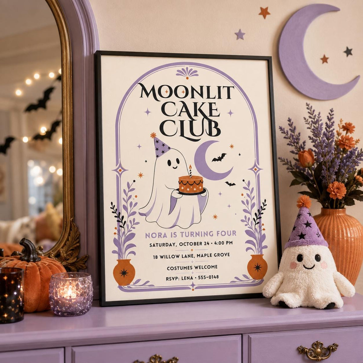 Cute Ghost 4th Birthday Invitation, Moon Halloween Birthday Party Invite, Spooky Cake Kids Party, Editable Canva Template