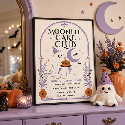 Cute Ghost 4th Birthday Invitation, Moon Halloween Birthday Party Invite, Spooky Cake Kids Party, Editable Canva Template