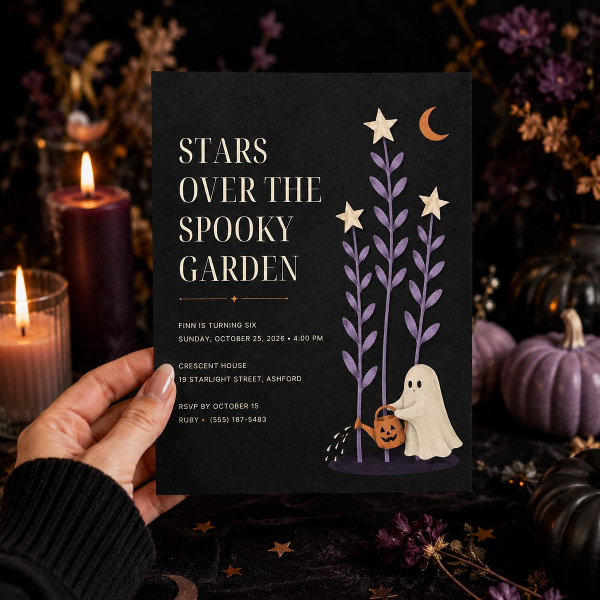 Spooky Garden Halloween Birthday Invitation, Cute Ghost Night Garden Party Invite, Elegant Kids Birthday, Editable Canva Template
