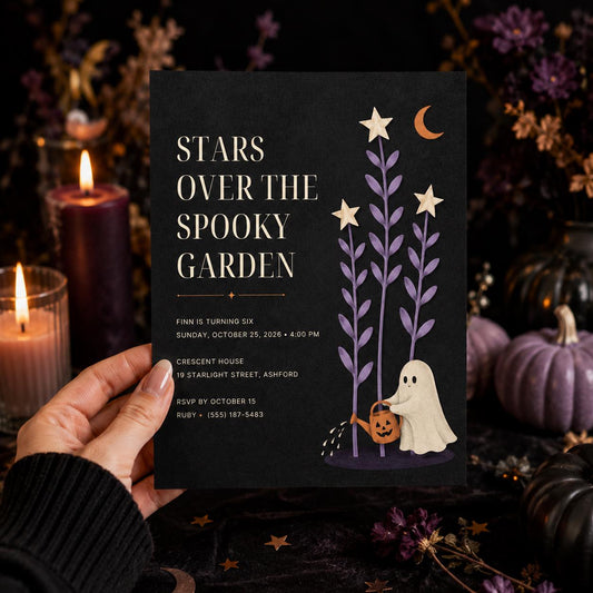 Spooky Garden Halloween Birthday Invitation, Cute Ghost Night Garden Party Invite, Elegant Kids Birthday, Editable Canva Template