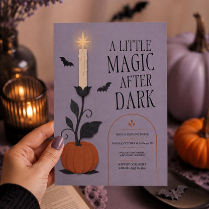 Magic After Dark Halloween Birthday Invitation, Pumpkin Bat Kids Party Invite, Spooky 3rd Birthday, Editable Canva Template