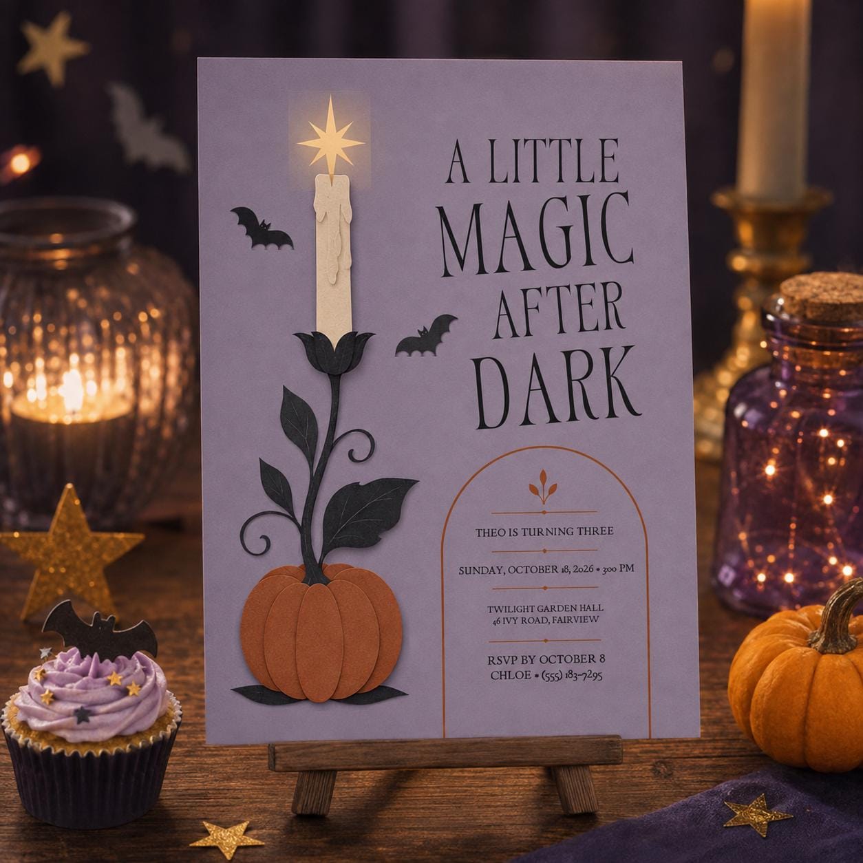 Magic After Dark Halloween Birthday Invitation, Pumpkin Bat Kids Party Invite, Spooky 3rd Birthday, Editable Canva Template