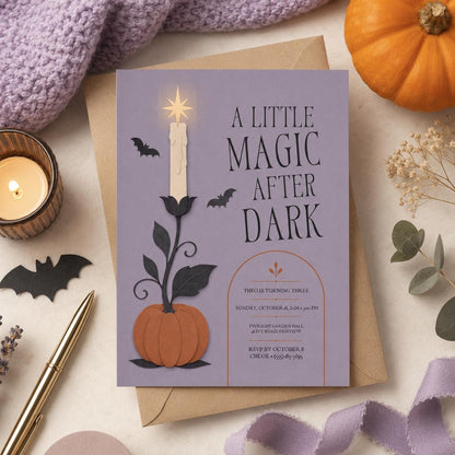 Magic After Dark Halloween Birthday Invitation, Pumpkin Bat Kids Party Invite, Spooky 3rd Birthday, Editable Canva Template