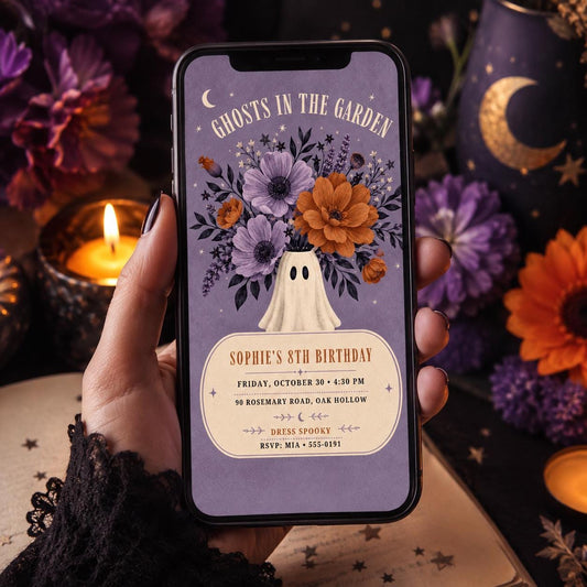 Floral Ghost Halloween Birthday Invitation, Spooky Garden 8th Birthday Party Invite, Elegant Kids Halloween, Editable Canva Template