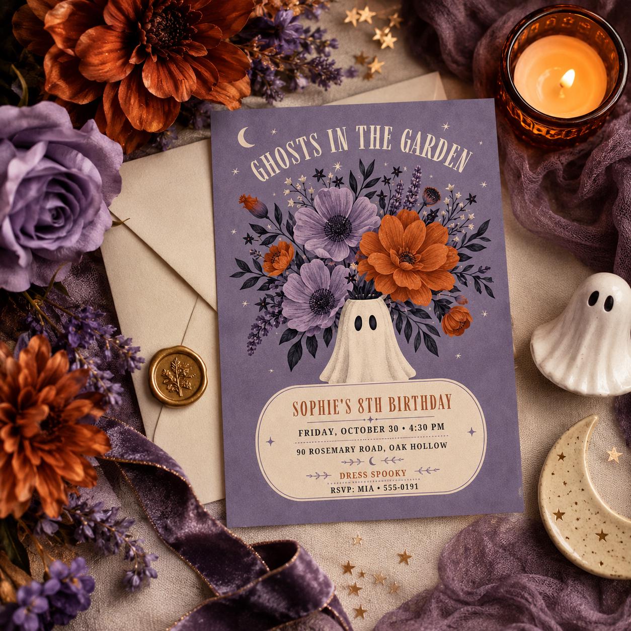 Floral Ghost Halloween Birthday Invitation, Spooky Garden 8th Birthday Party Invite, Elegant Kids Halloween, Editable Canva Template