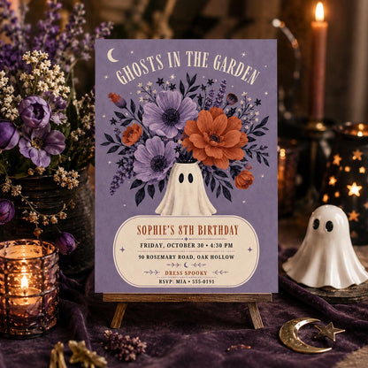 Floral Ghost Halloween Birthday Invitation, Spooky Garden 8th Birthday Party Invite, Elegant Kids Halloween, Editable Canva Template