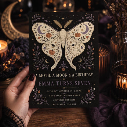Moth Halloween Birthday Invitation, Moon & Pumpkin Birthday Party Invite, Gothic Spooky Kids Invite, Editable Canva Template