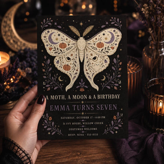Moth Halloween Birthday Invitation, Moon & Pumpkin Birthday Party Invite, Gothic Spooky Kids Invite, Editable Canva Template