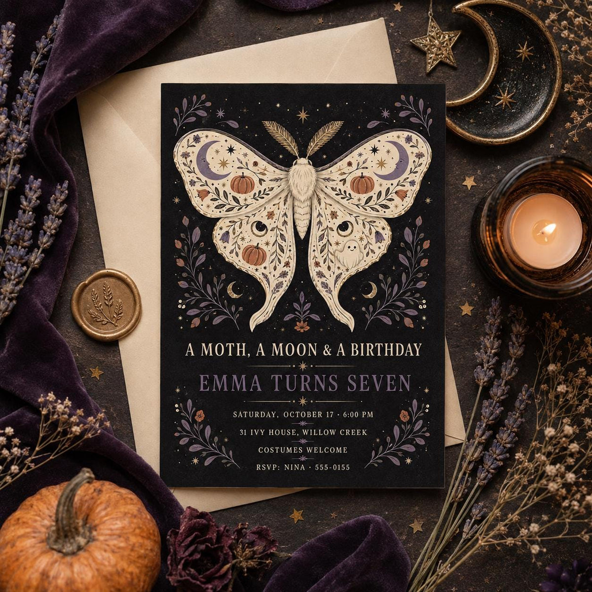 Moth Halloween Birthday Invitation, Moon & Pumpkin Birthday Party Invite, Gothic Spooky Kids Invite, Editable Canva Template