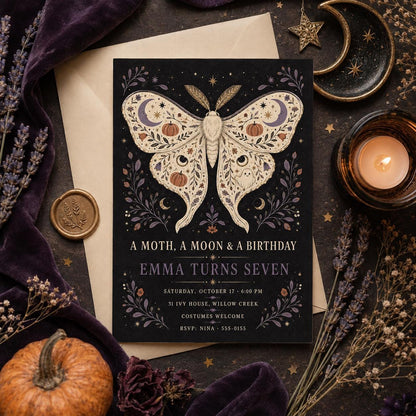 Moth Halloween Birthday Invitation, Moon & Pumpkin Birthday Party Invite, Gothic Spooky Kids Invite, Editable Canva Template