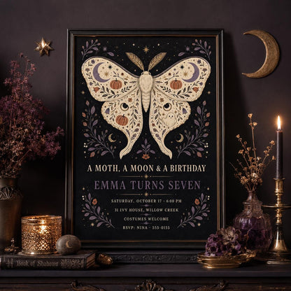 Moth Halloween Birthday Invitation, Moon & Pumpkin Birthday Party Invite, Gothic Spooky Kids Invite, Editable Canva Template