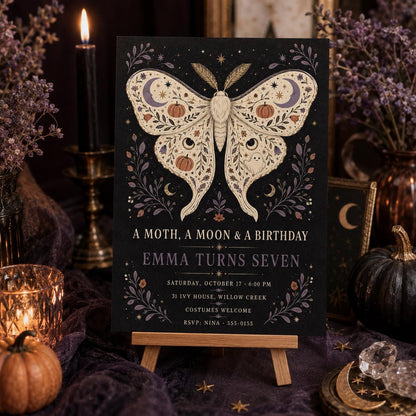 Moth Halloween Birthday Invitation, Moon & Pumpkin Birthday Party Invite, Gothic Spooky Kids Invite, Editable Canva Template