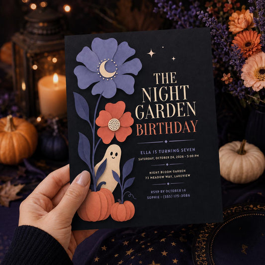 Floral Ghost Halloween Birthday Invitation, Spooky Garden 8th Birthday Party Invite, Elegant Kids Halloween, Editable Canva Template