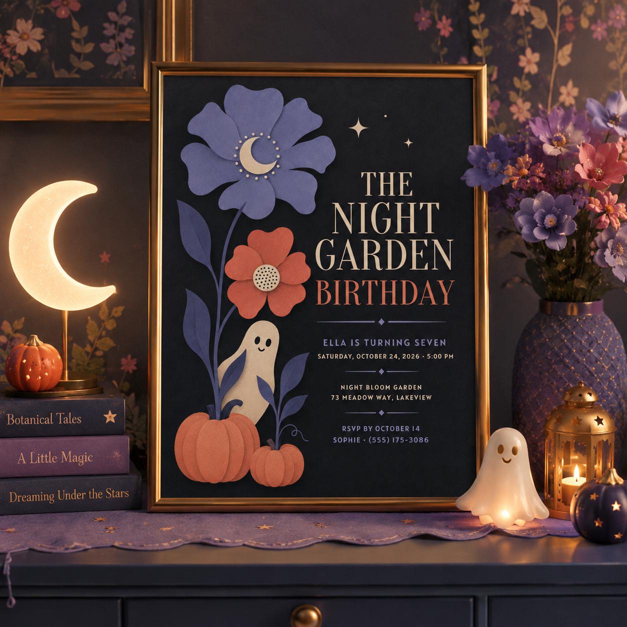 Floral Ghost Halloween Birthday Invitation, Spooky Garden 8th Birthday Party Invite, Elegant Kids Halloween, Editable Canva Template