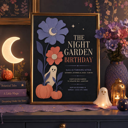 Floral Ghost Halloween Birthday Invitation, Spooky Garden 8th Birthday Party Invite, Elegant Kids Halloween, Editable Canva Template