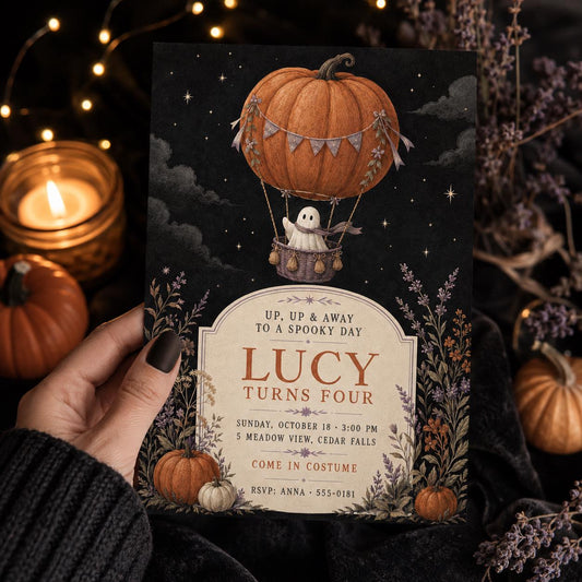 Ghost Hot Air Balloon Birthday Invitation, Pumpkin Halloween Kids Party Invite, Spooky 4th Birthday, Editable Canva Template
