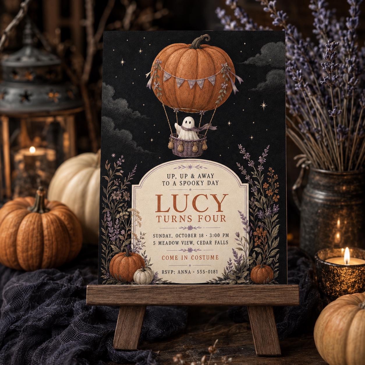 Ghost Hot Air Balloon Birthday Invitation, Pumpkin Halloween Kids Party Invite, Spooky 4th Birthday, Editable Canva Template