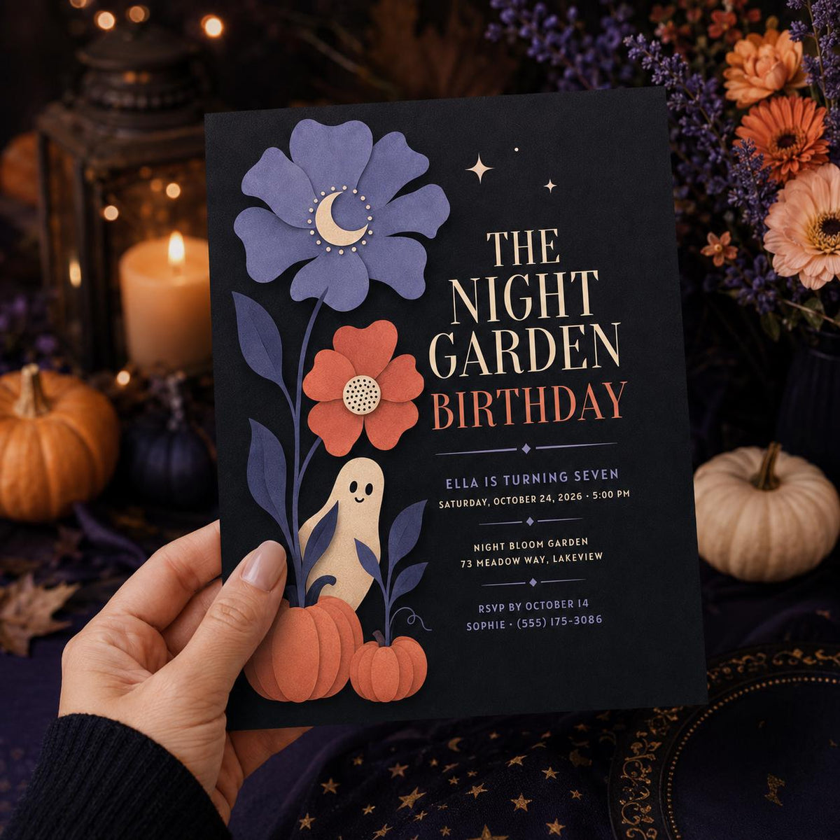 Spooky Garden Halloween Birthday Invitation, Cute Ghost Night Garden Party Invite, Elegant Kids Birthday, Editable Canva Template