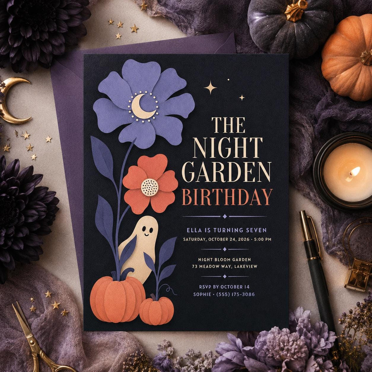 Spooky Garden Halloween Birthday Invitation, Cute Ghost Night Garden Party Invite, Elegant Kids Birthday, Editable Canva Template
