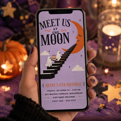 Moon Ghost Halloween Birthday Invitation, Spooky 6th Birthday Party Invite, Cute Halloween Kids Party, Editable Canva Template