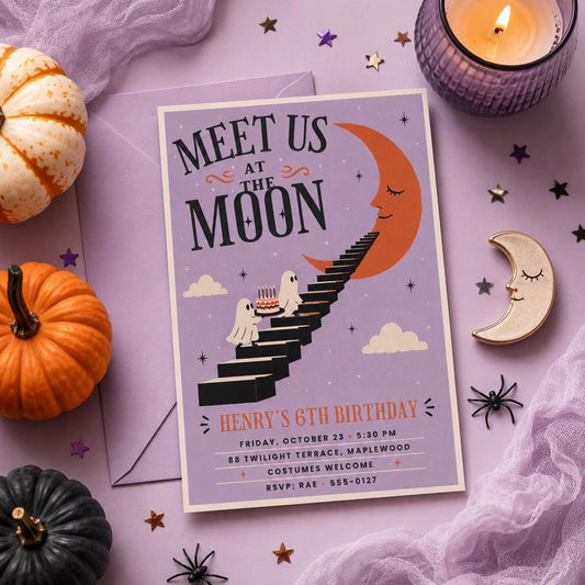 Moon Ghost Halloween Birthday Invitation, Spooky 6th Birthday Party Invite, Cute Halloween Kids Party, Editable Canva Template
