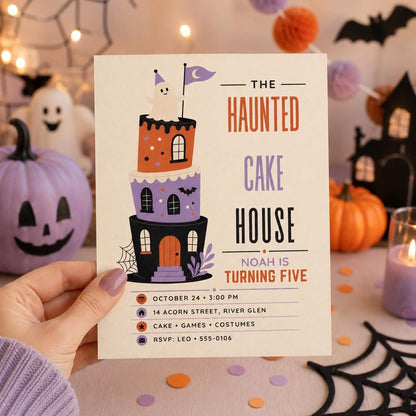 Haunted Cake House 5th Birthday Invitation, Cute Ghost Halloween Party Invite, Spooky Kids Birthday, Editable Canva Template