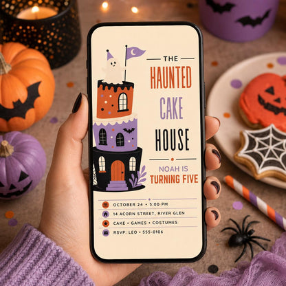Haunted Cake House 5th Birthday Invitation, Cute Ghost Halloween Party Invite, Spooky Kids Birthday, Editable Canva Template