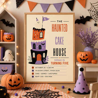 Haunted Cake House 5th Birthday Invitation, Cute Ghost Halloween Party Invite, Spooky Kids Birthday, Editable Canva Template