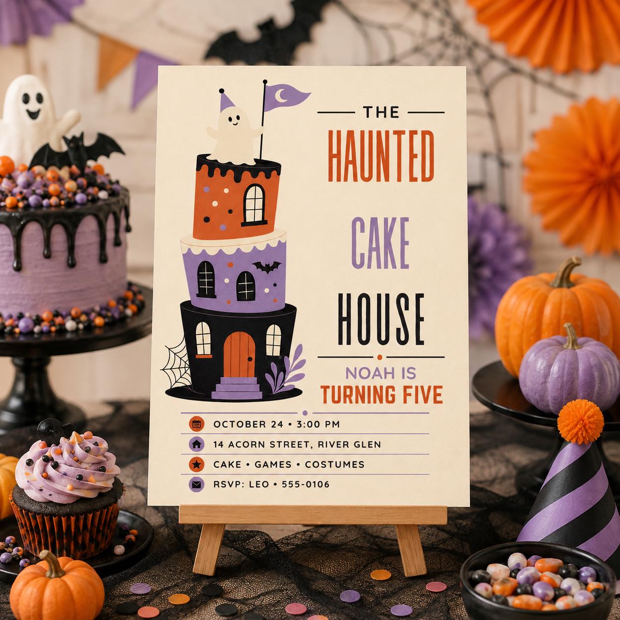 Haunted Cake House 5th Birthday Invitation, Cute Ghost Halloween Party Invite, Spooky Kids Birthday, Editable Canva Template