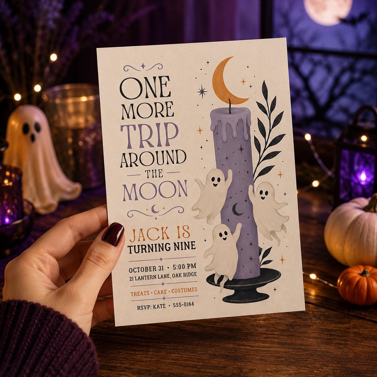Ghost Moon Halloween Birthday Invitation, Spooky 9th Birthday Party Invite, Cute Halloween Kids Party, Editable Canva Template