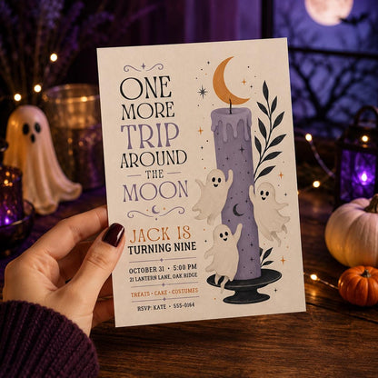 Ghost Moon Halloween Birthday Invitation, Spooky 9th Birthday Party Invite, Cute Halloween Kids Party, Editable Canva Template