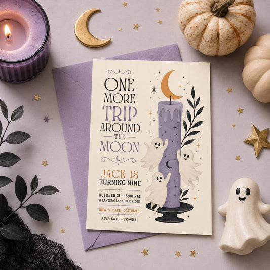 Ghost Moon Halloween Birthday Invitation, Spooky 9th Birthday Party Invite, Cute Halloween Kids Party, Editable Canva Template