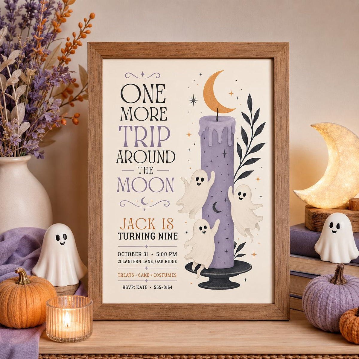 Ghost Moon Halloween Birthday Invitation, Spooky 9th Birthday Party Invite, Cute Halloween Kids Party, Editable Canva Template