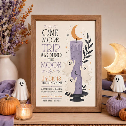 Ghost Moon Halloween Birthday Invitation, Spooky 9th Birthday Party Invite, Cute Halloween Kids Party, Editable Canva Template
