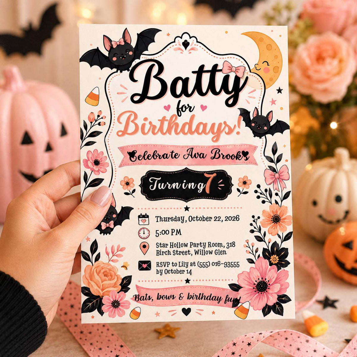 Cute Bat Halloween Birthday Invitation, Pink Spooky Birthday Party Invite, Floral Halloween Kids Invite, Editable Canva Template