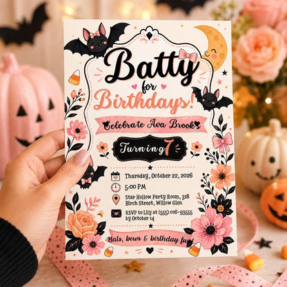 Cute Bat Halloween Birthday Invitation, Pink Spooky Birthday Party Invite, Floral Halloween Kids Invite, Editable Canva Template