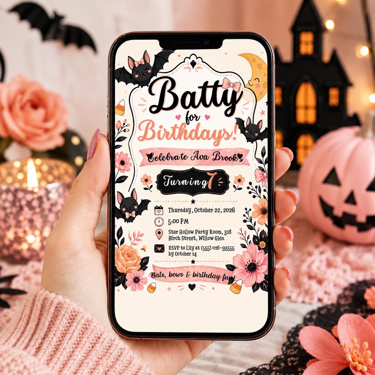 Cute Bat Halloween Birthday Invitation, Pink Spooky Birthday Party Invite, Floral Halloween Kids Invite, Editable Canva Template