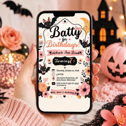 Cute Bat Halloween Birthday Invitation, Pink Spooky Birthday Party Invite, Floral Halloween Kids Invite, Editable Canva Template