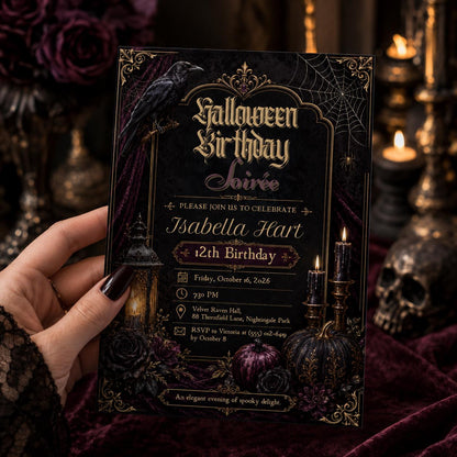 Gothic Halloween Birthday Invitation, Elegant Spooky Birthday Party Invite, Raven Black Rose Invitation, Editable Canva Template