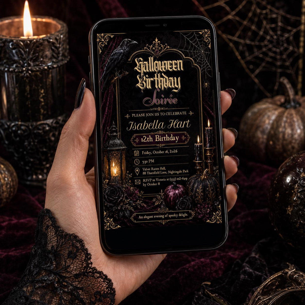 Gothic Halloween Birthday Invitation, Elegant Spooky Birthday Party Invite, Raven Black Rose Invitation, Editable Canva Template