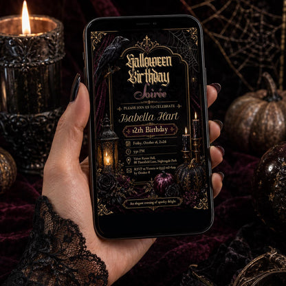 Gothic Halloween Birthday Invitation, Elegant Spooky Birthday Party Invite, Raven Black Rose Invitation, Editable Canva Template